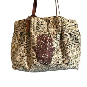 Lucky Brand Vintage Cotton & Linen Blend Tote Bag w Leather straps